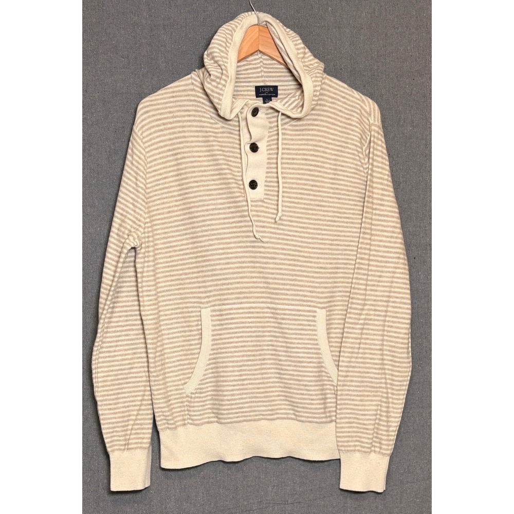 J.Crew Harbor Cotton Striped Henley Hoodie Sweater Tan Cream Sz Large
